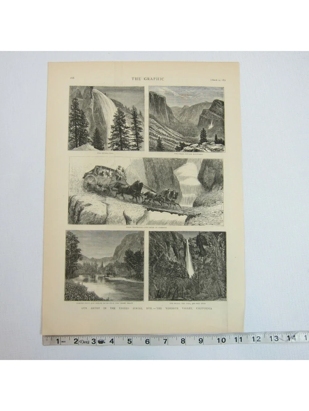 Antique 1877 Print Yosemite Valley California Nevada Fall Sierra, The Graphic